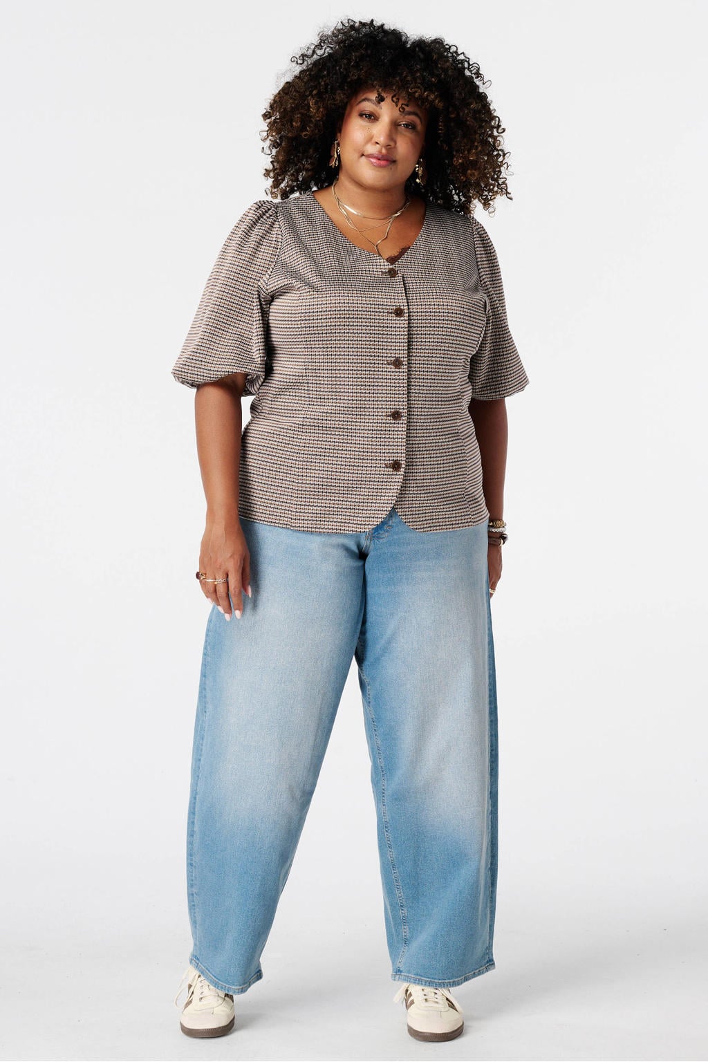 Bruine dames MS Mode geruite top Plus Size van polyester met korte mouwen