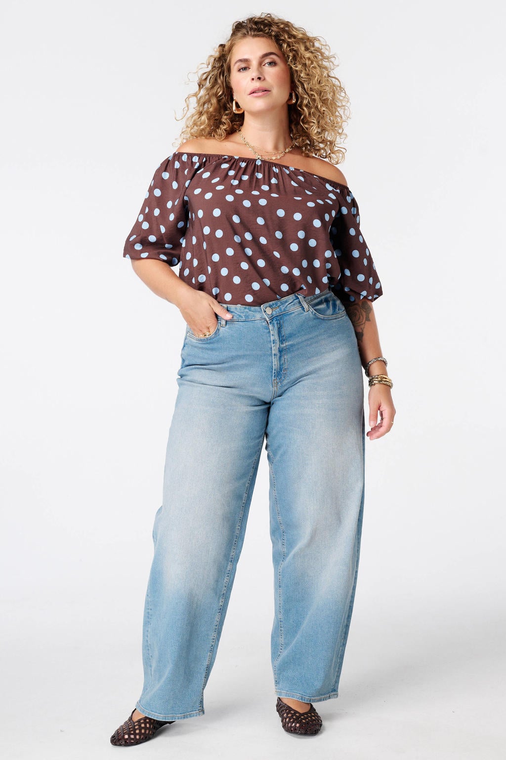 Bruin en blauwe dames MS Mode top Plus Size van viscose met stippenprint, korte mouwen en klassieke kraag