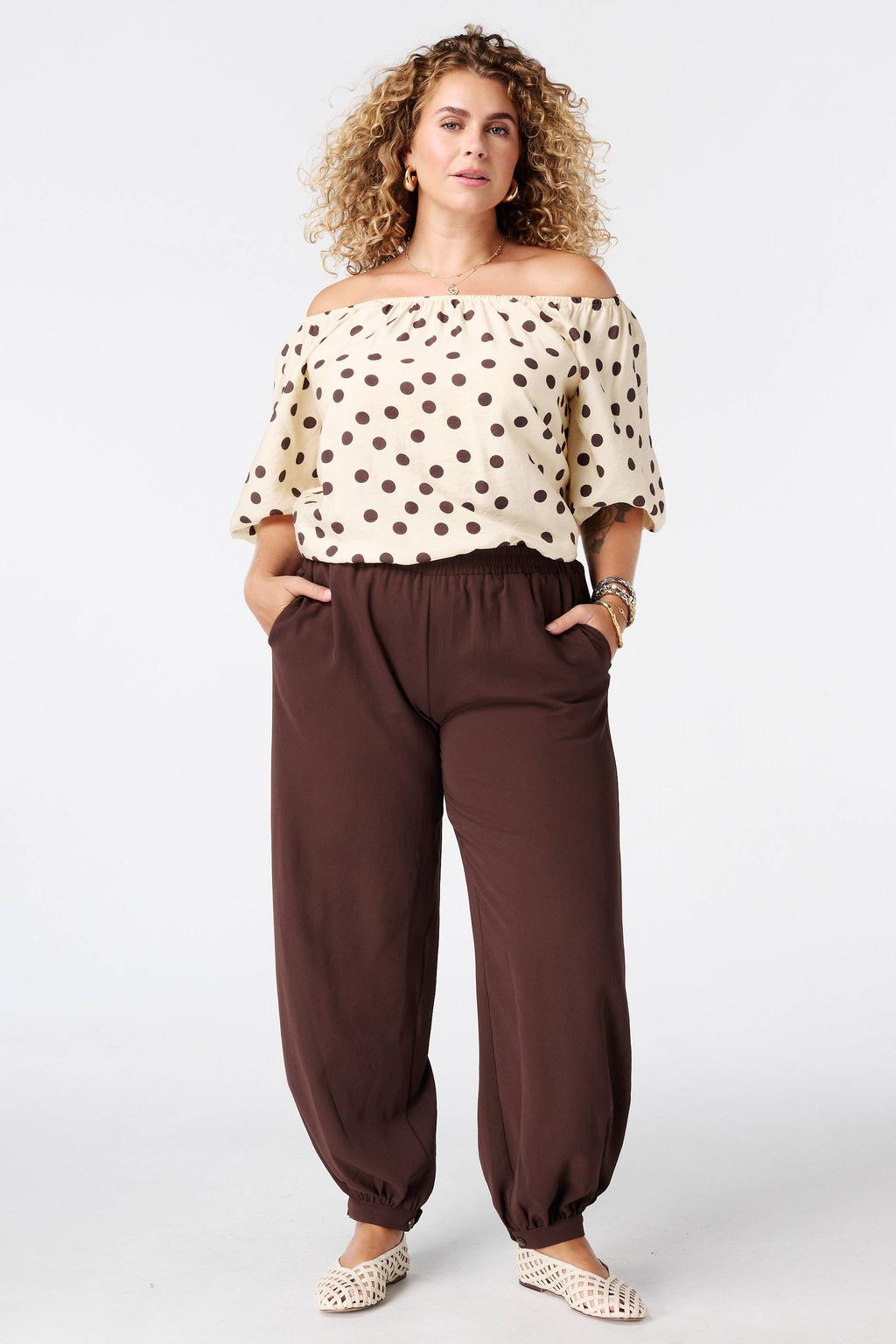 Lichtgele dames MS Mode top Plus Size van viscose met stippenprint, korte mouwen en off shoulder hals