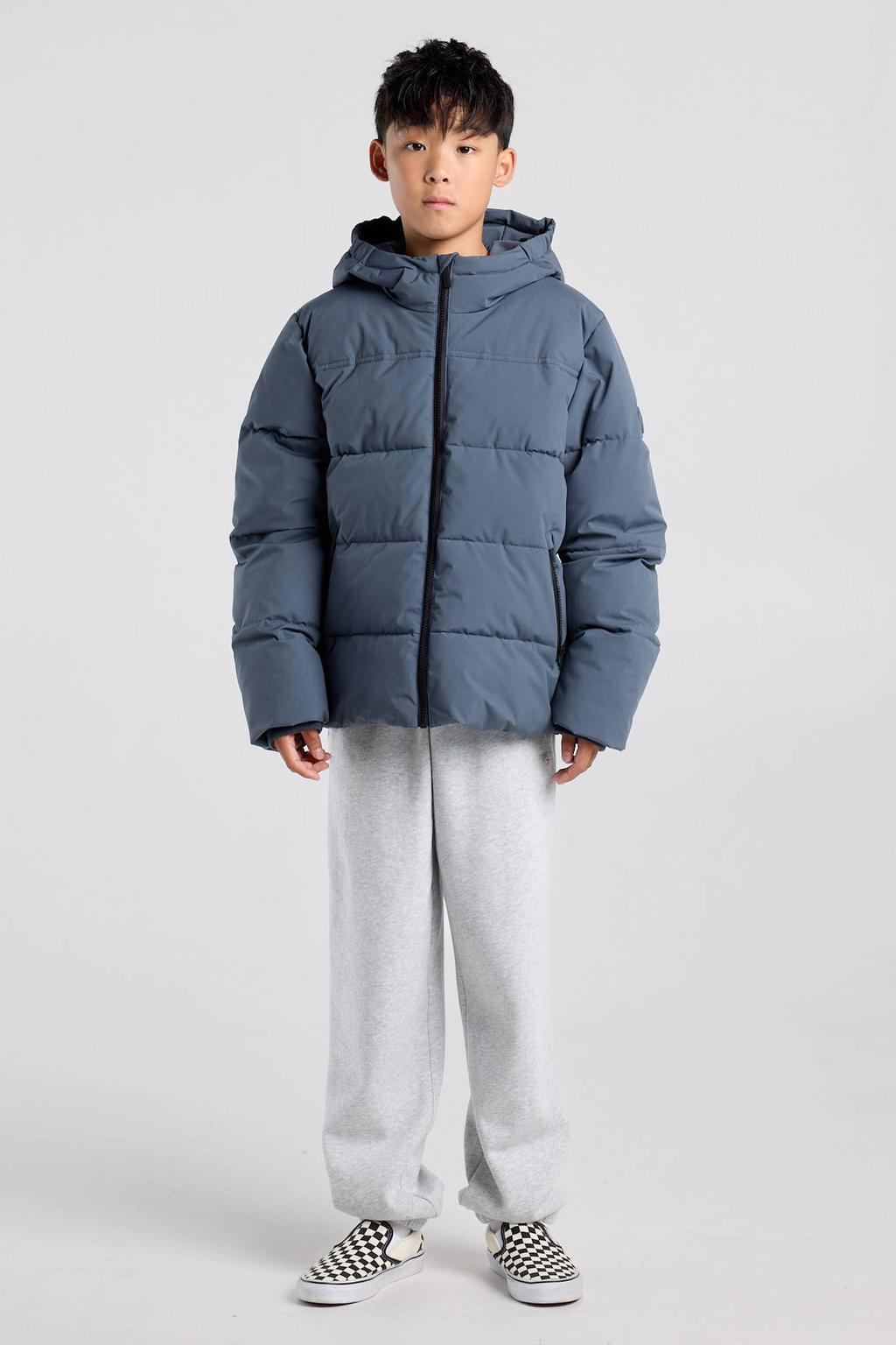 Blauwe jongens America Today gewatteerde winterjas van polyester met effen, lange mouwen, capuchon en ritssluiting