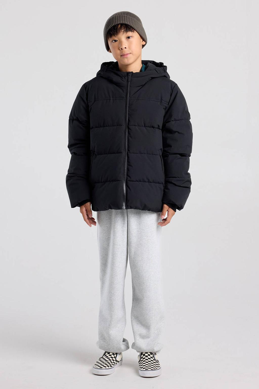 Zwarte jongens America Today winterjas van polyester met effen, lange mouwen, capuchon en ritssluiting