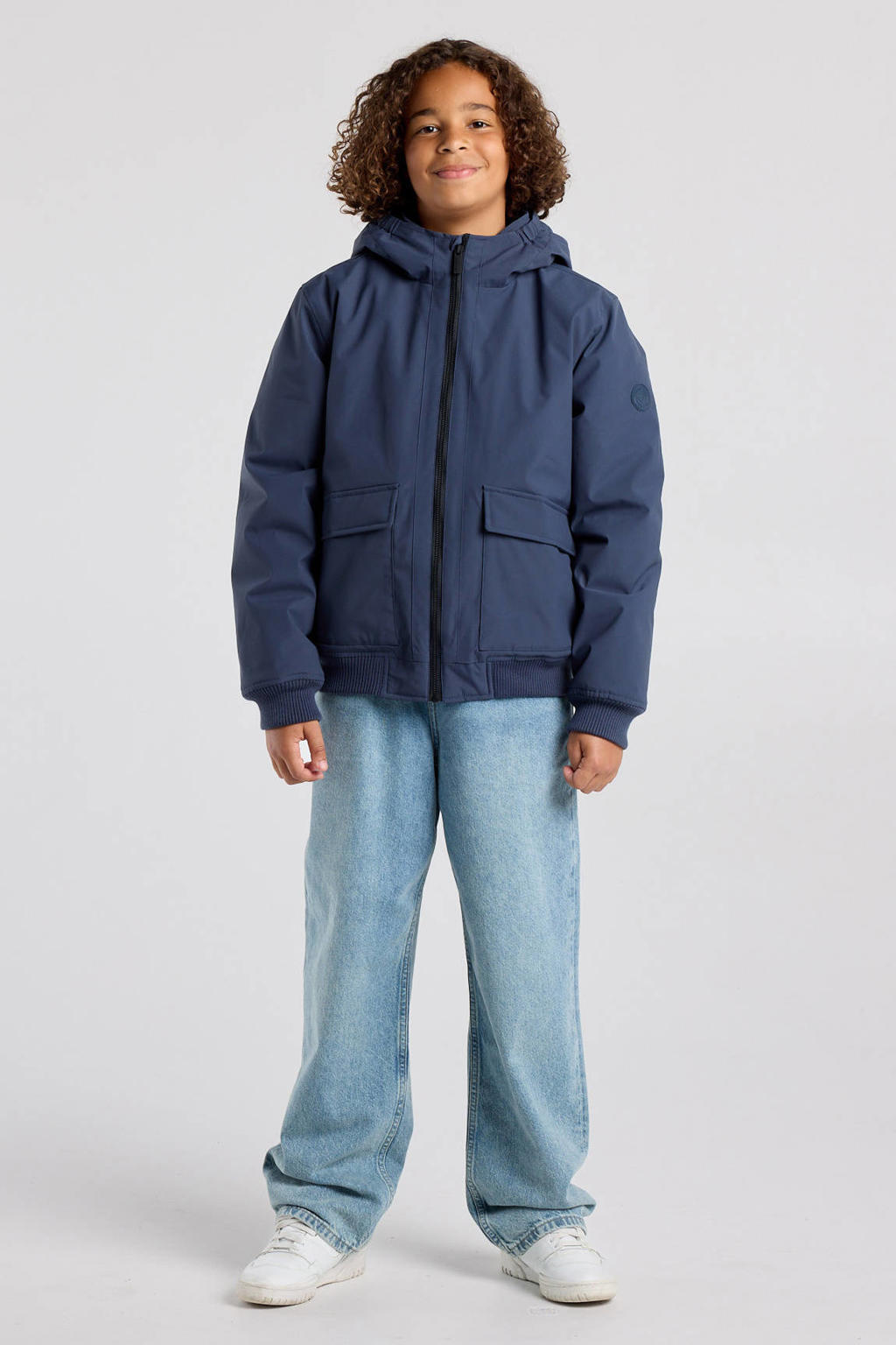 Blauwe jongens America Today gewatteerde winterjas van polyester met effen, lange mouwen, capuchon en ritssluiting