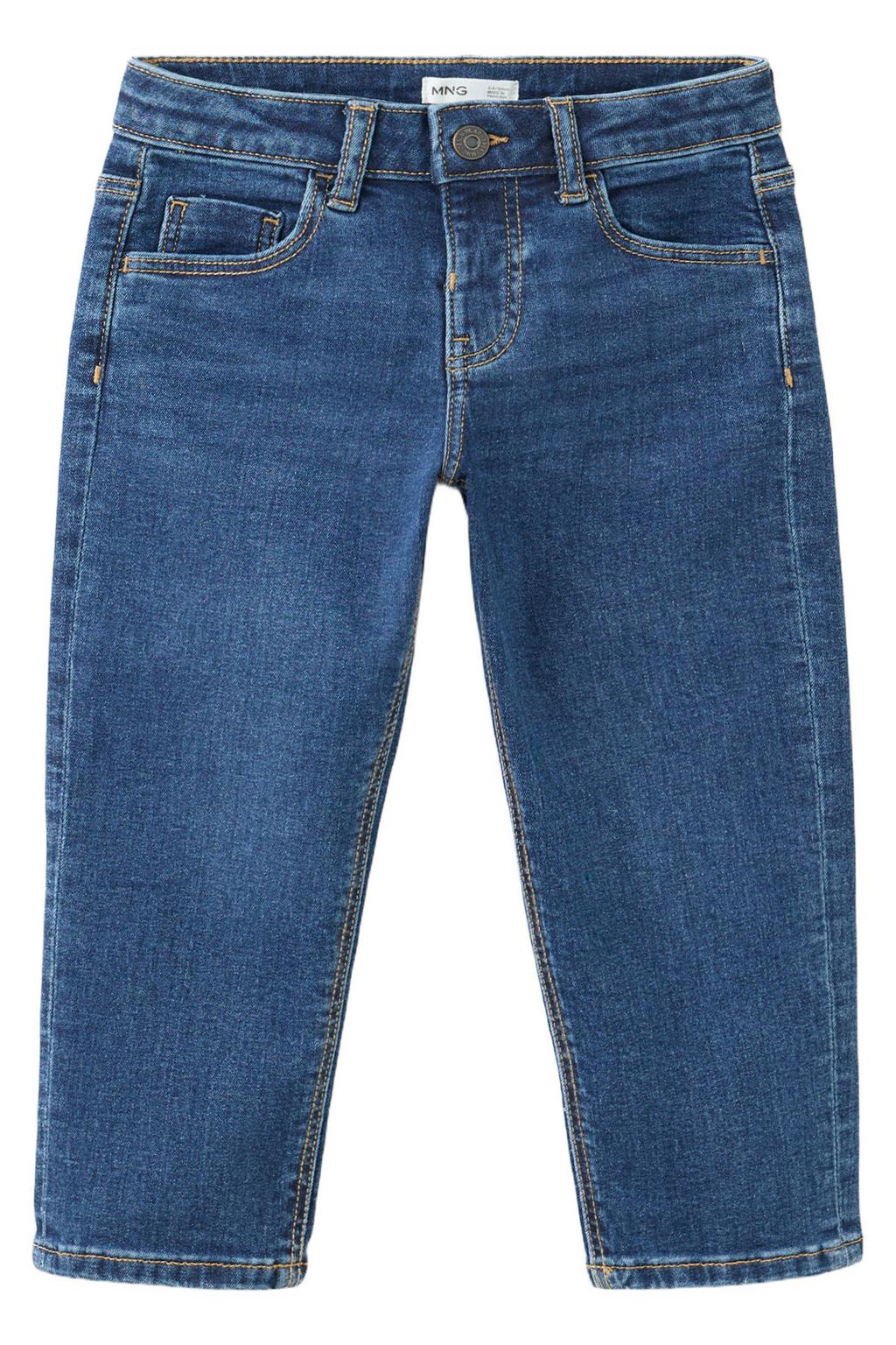 Dark blue denim jongens Mango Kids regular fit jeans van denim met drukknoopsluiting en effen