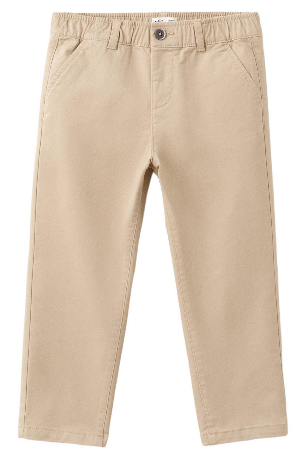 Lichtbruine jongens Mango Kids chino van stretchkatoen met rits- en knoopsluiting en effen