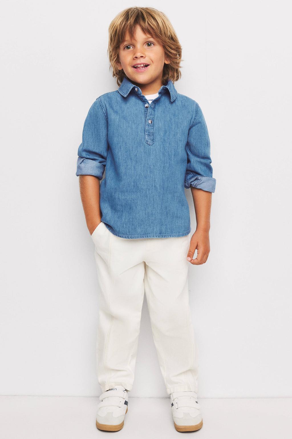 Medium blue denim jongens Mango Kids overhemd mediumblauw van denim met effen, lange mouwen, klassieke kraag en knoopsluiting