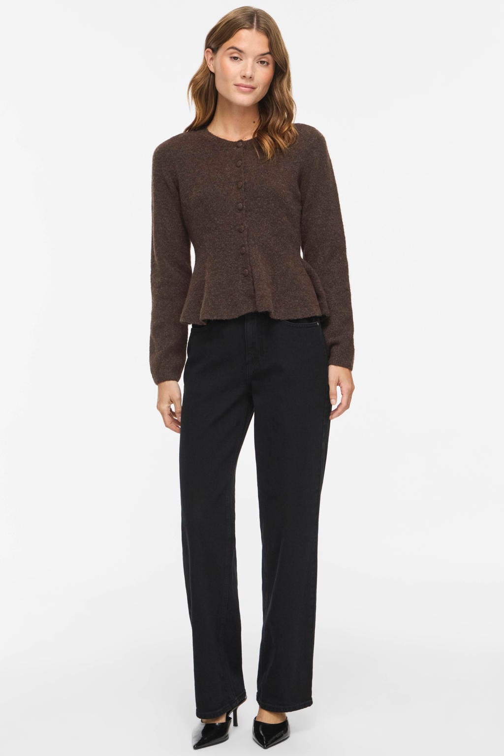 VILA gebreid vest met peplum - donkerbruin