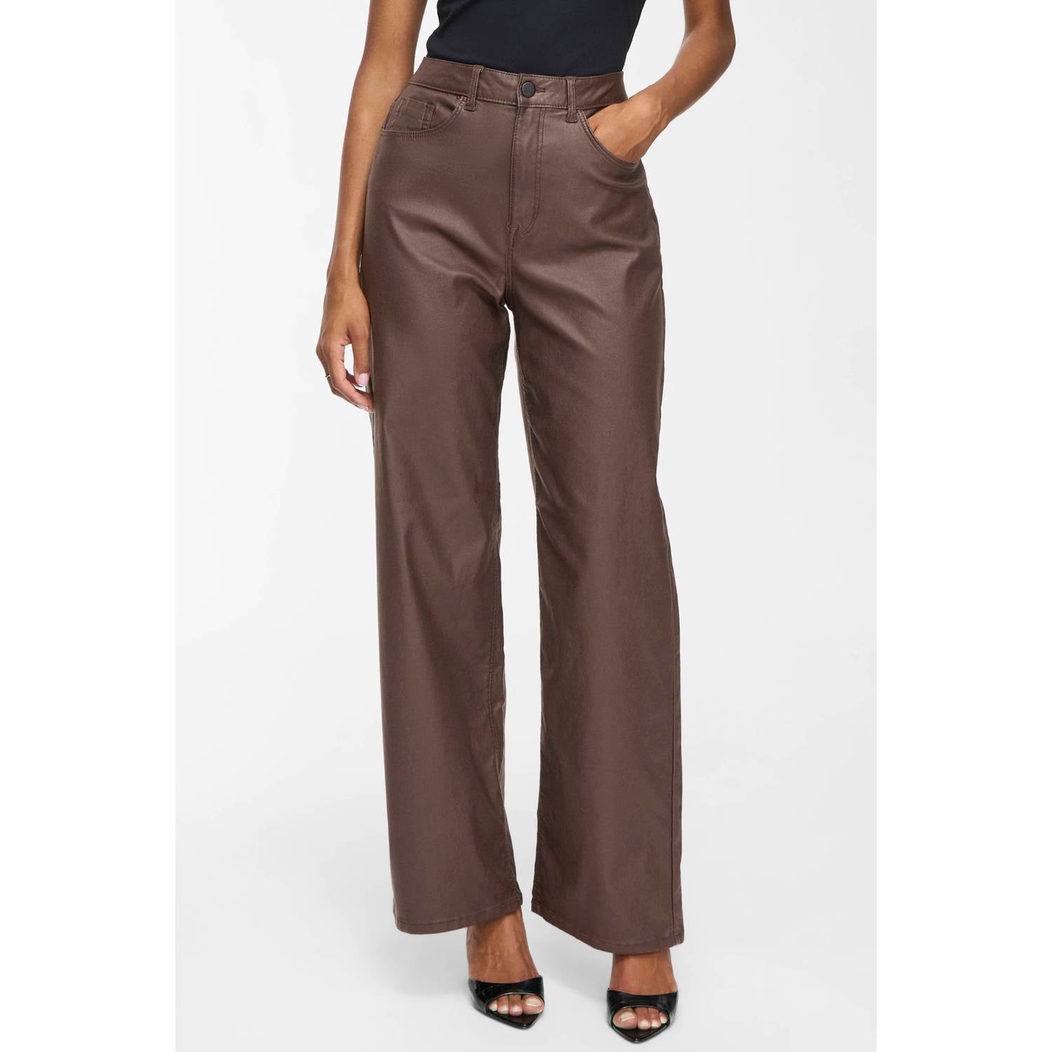 VILA imitatieleren high waist coated broek donkerbruin