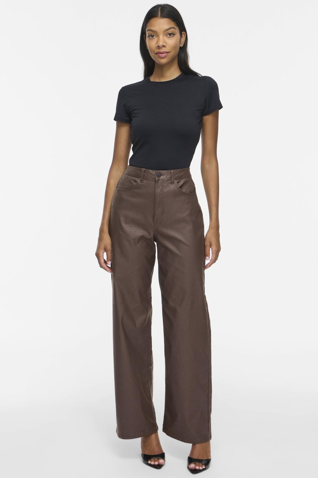 VILA imitatieleren high waist coated broek - donkerbruin