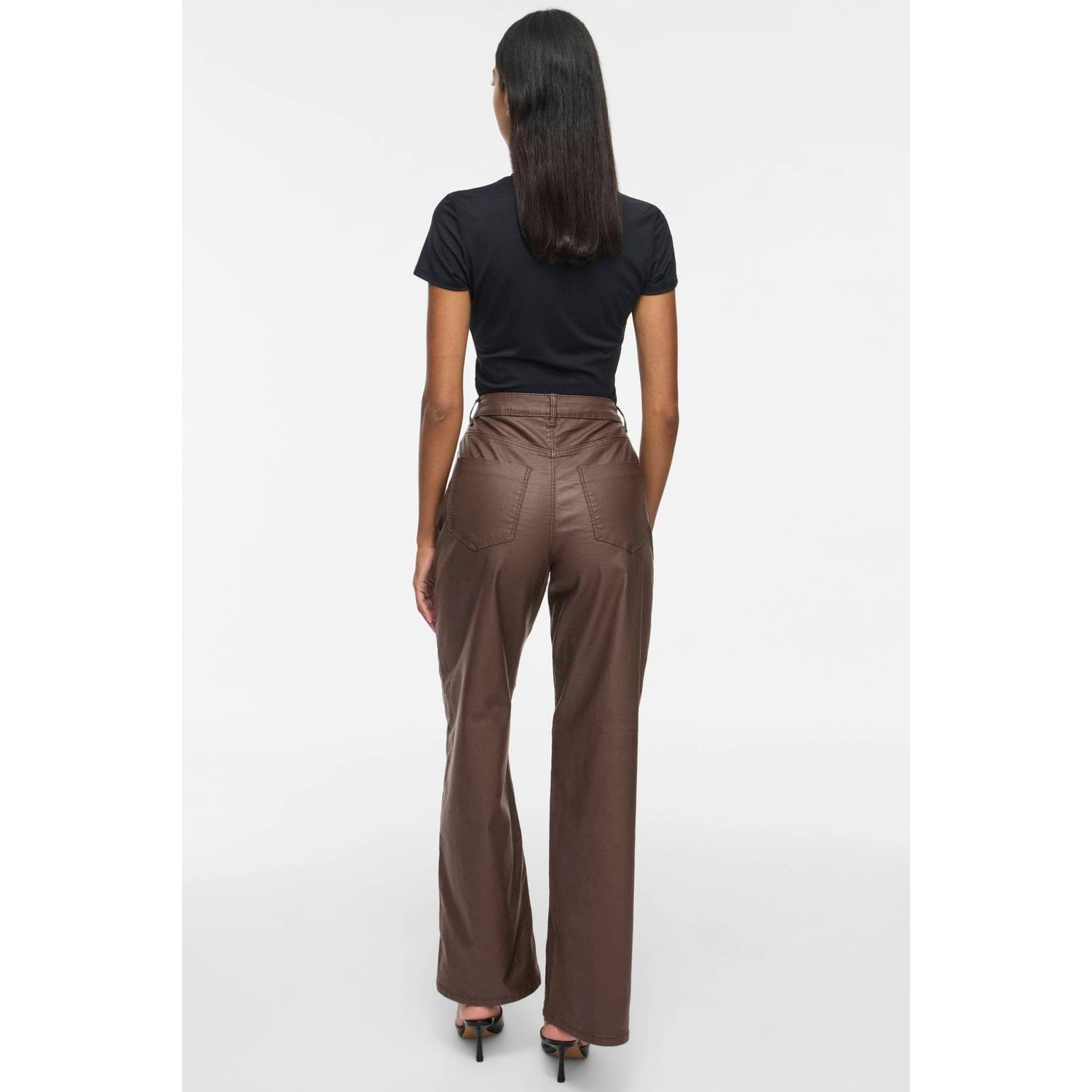 VILA imitatieleren high waist coated broek donkerbruin