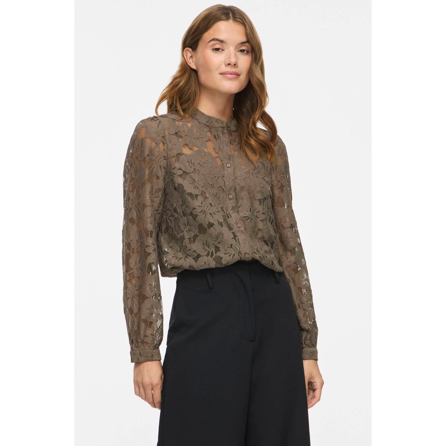 VILA Visala L S Lace Shirt kanten semi-transparante blouse donkergroen
