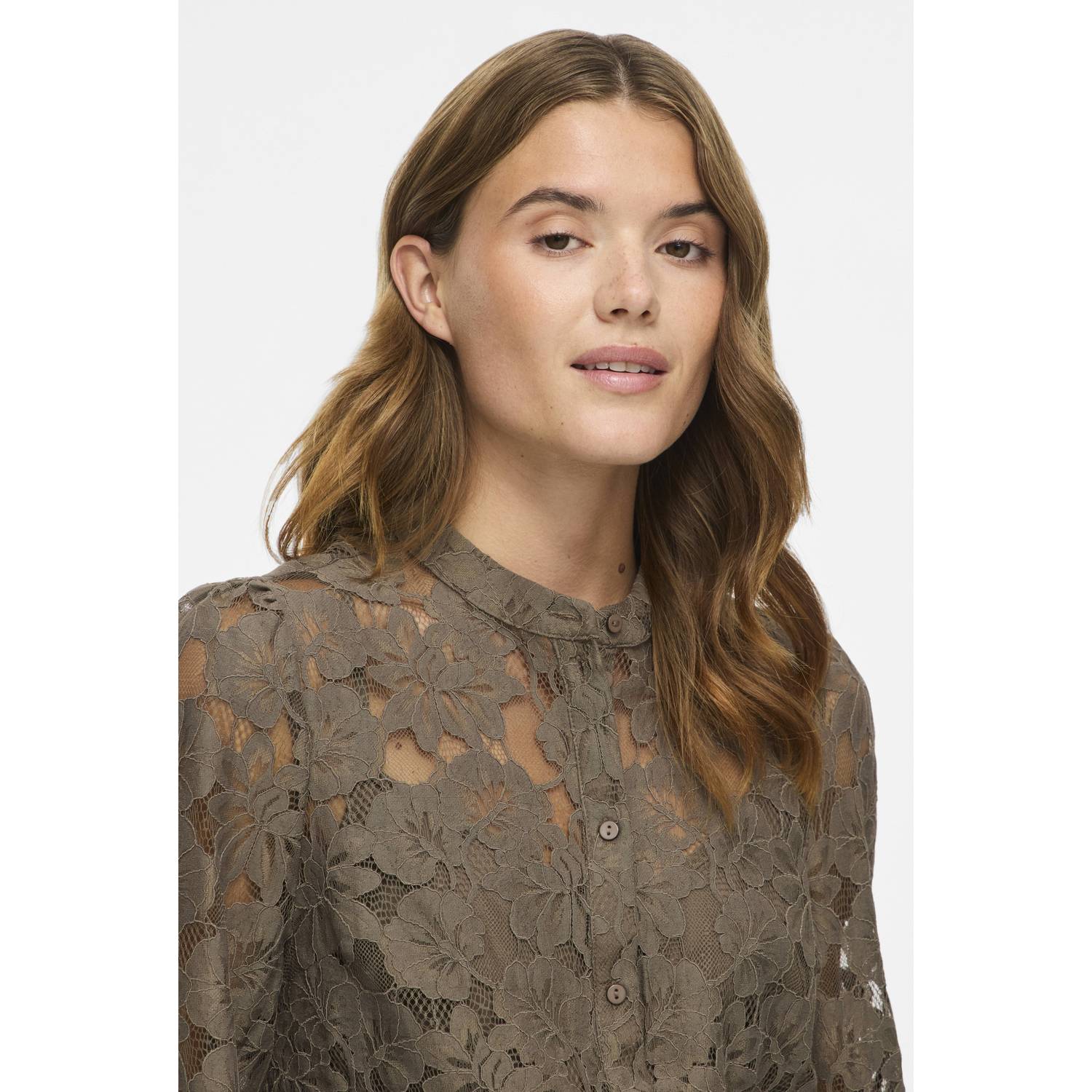 VILA Visala L S Lace Shirt kanten semi-transparante blouse donkergroen