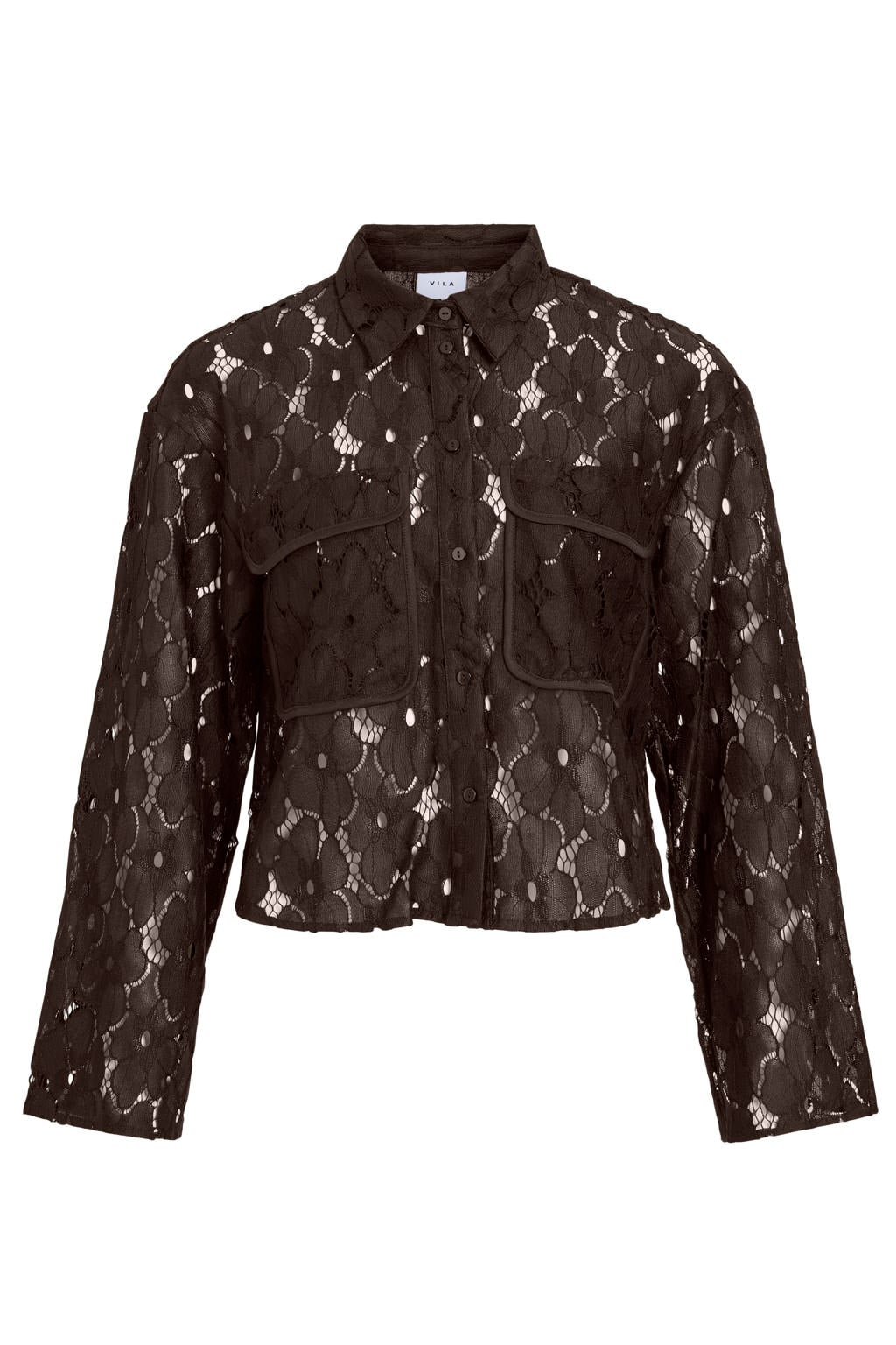VILA kanten semi-transparante blouse - donkerbruin