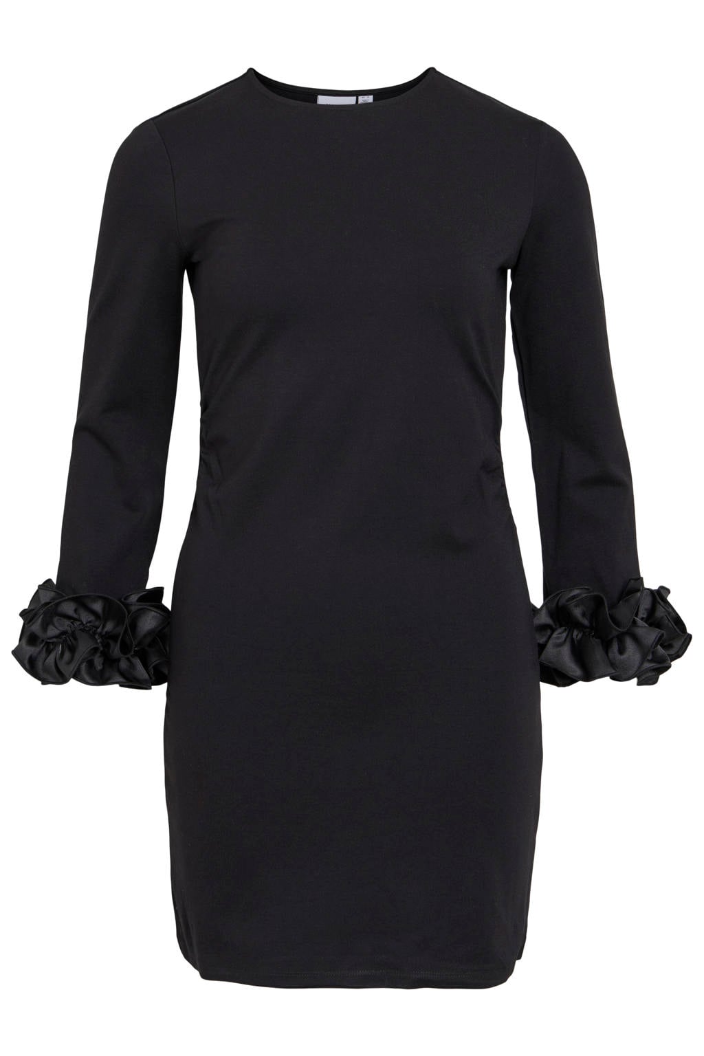 Zwarte dames VILA mini jurk van viscose met effen, extra lange mouwen, ronde hals en ruches