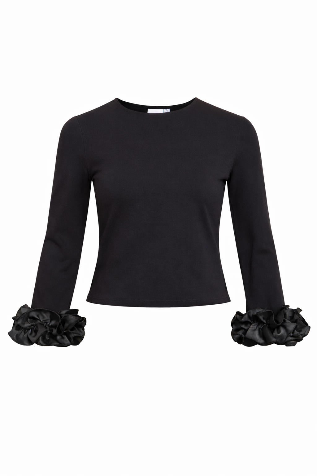 Zwarte dames VILA top van viscose met effen, extra lange mouwen, ronde hals en ruches
