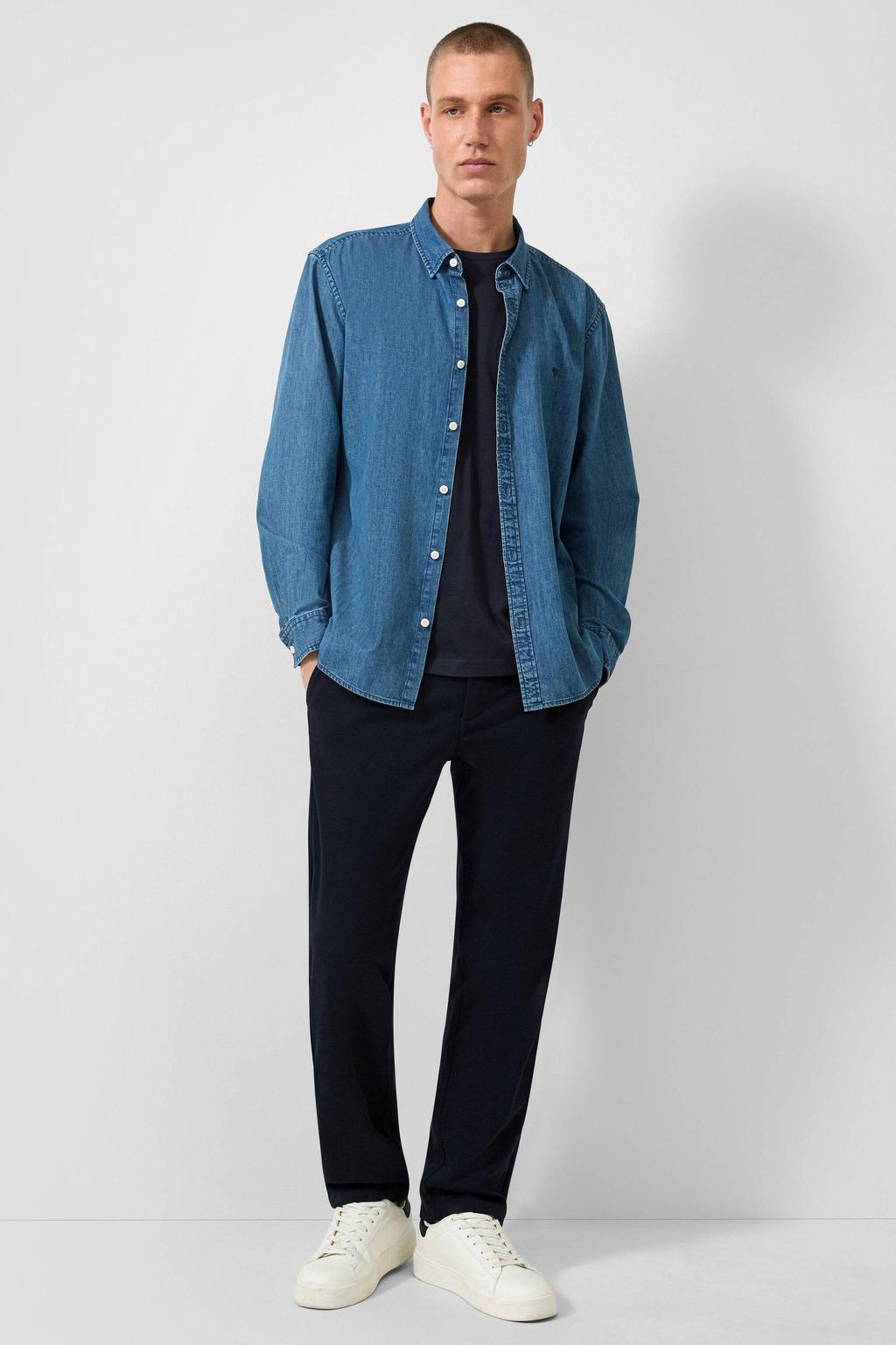Donkerblauwe heren QS regular fit overhemd van denim met effen, lange mouwen en klassieke kraag