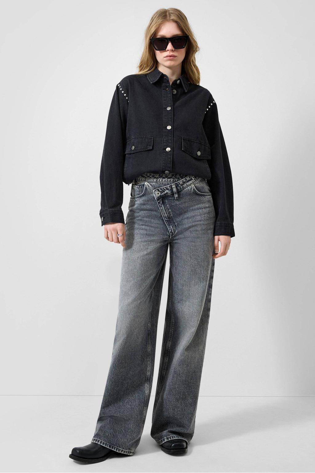 Grey denim dames QS wide leg jeans van denim met high waist, rits- en knoopsluiting en effen