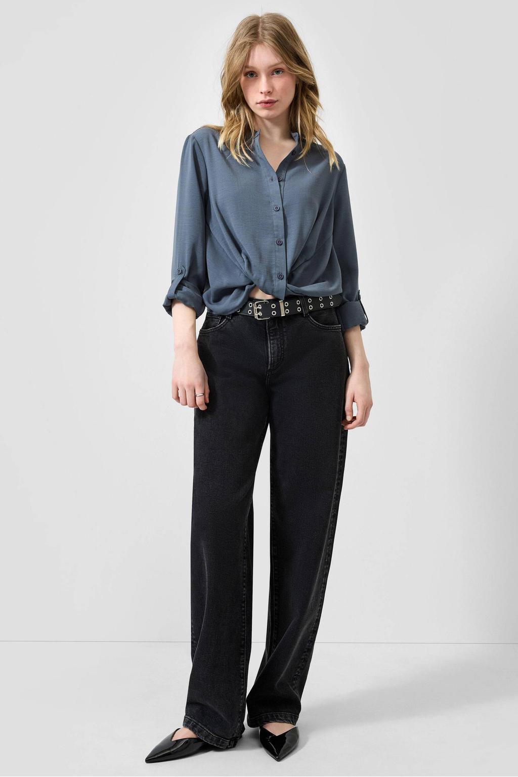 Antraciete dames QS blouse van polyester met effen, lange mouwen, klassieke kraag, knoopsluiting en elastische boord