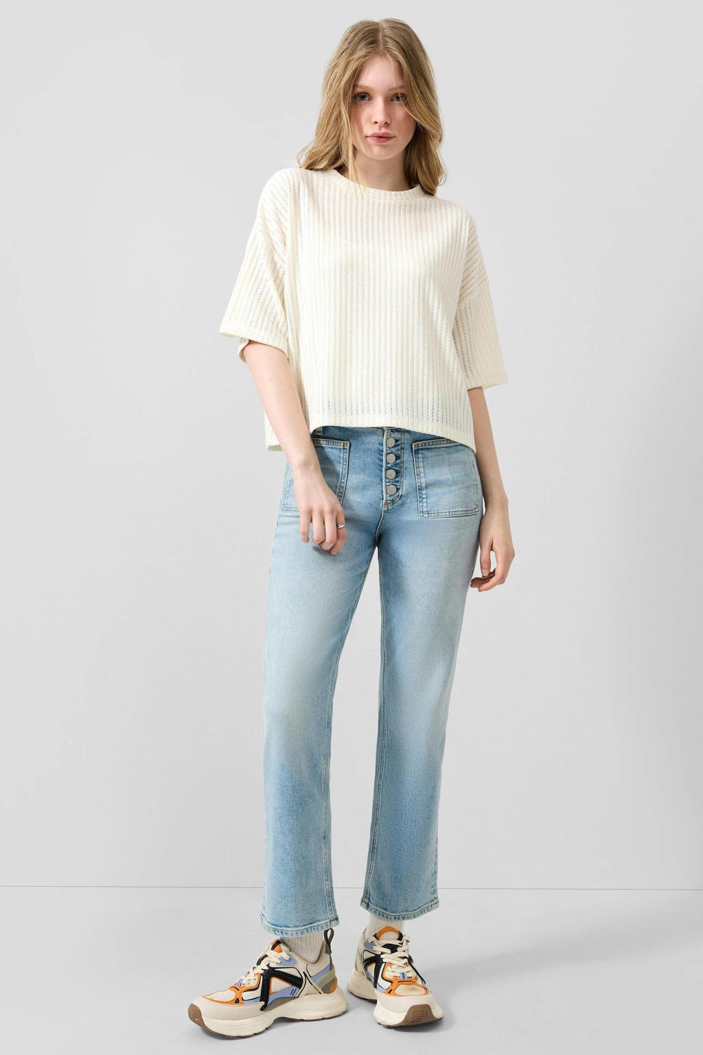Ecru dames QS top van polyester met effen, driekwart mouwen en ronde hals