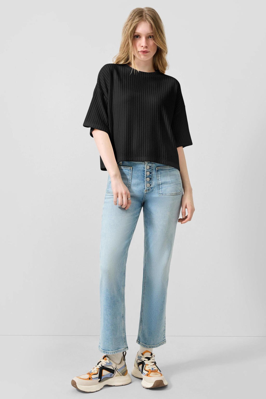 Zwarte dames QS top van polyester met effen, driekwart mouwen en ronde hals