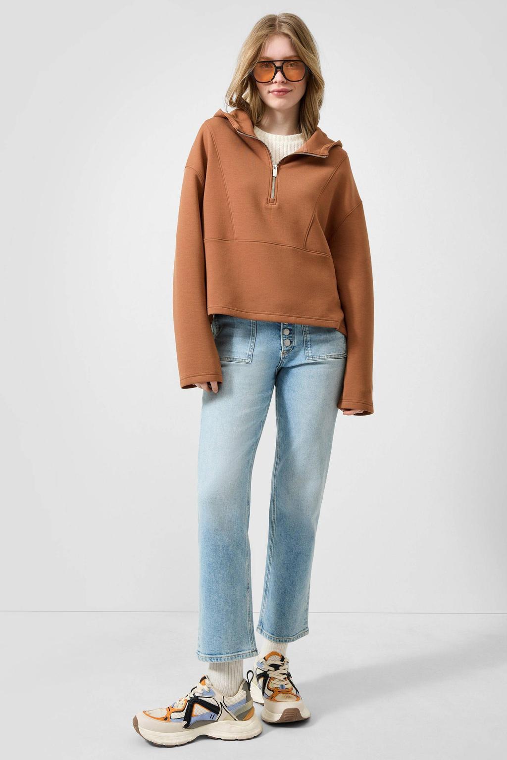 Bruine dames QS hoodie van sweat materiaal met effen, lange mouwen en capuchon