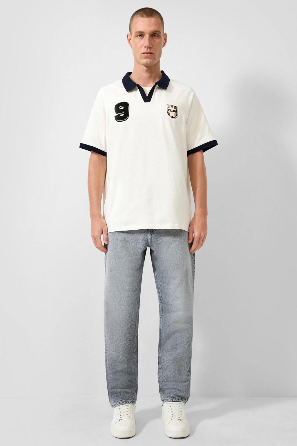 Ecru heren QS regular fit polo van katoen met effen, korte mouwen en contrast bies