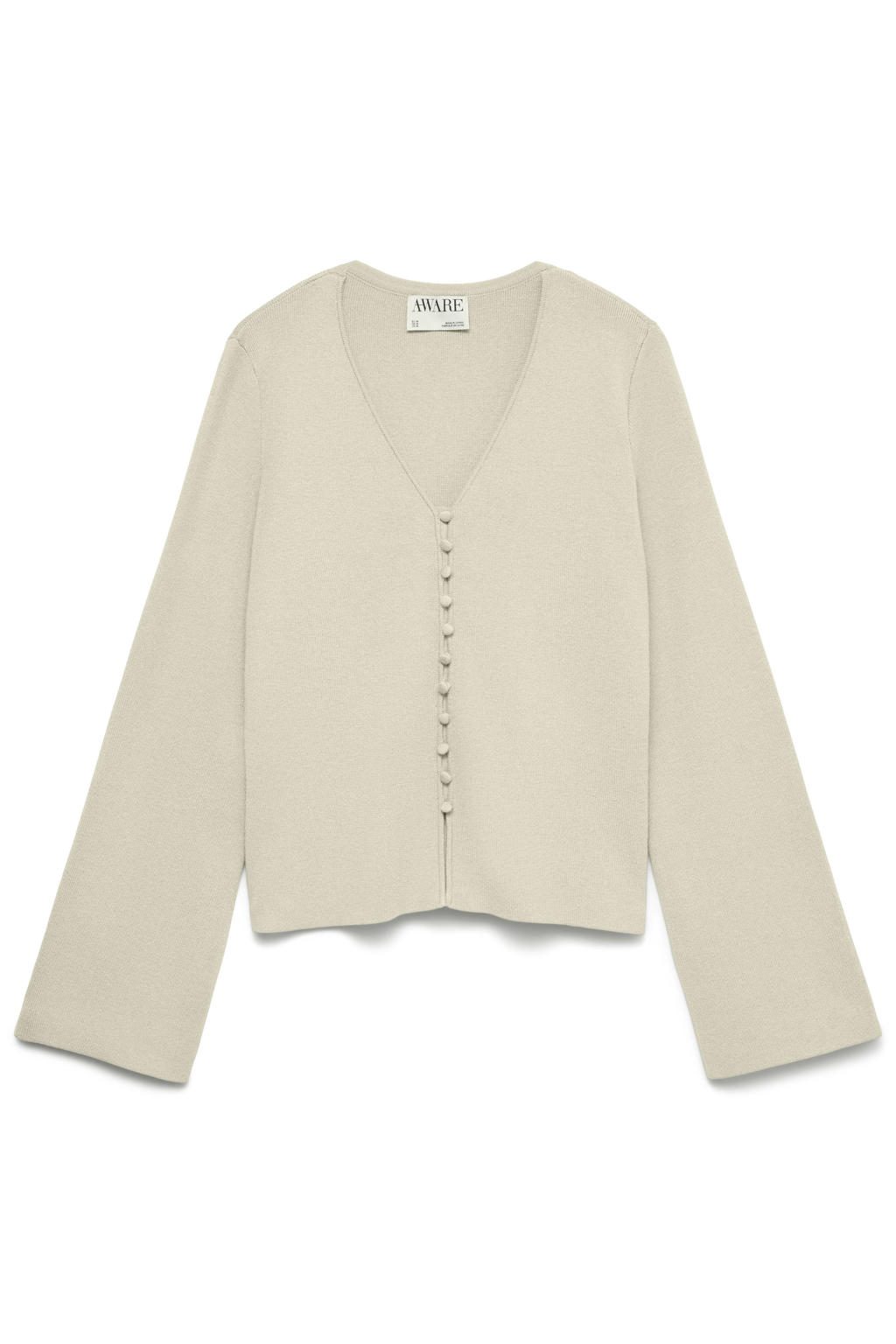 Beige dames AWARE gebreid vest van viscose met effen, lange mouwen, V-hals en knoopsluiting
