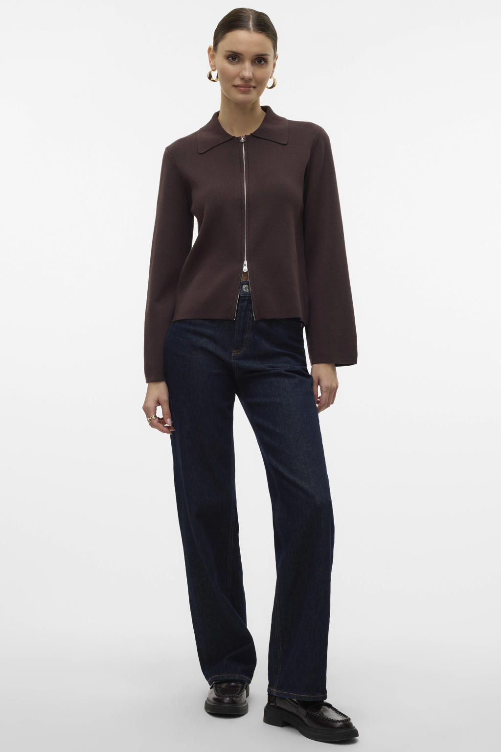 Donkerblauwe dames AWARE gebreide vest van viscose met effen, lange mouwen, klassieke kraag en ritssluiting