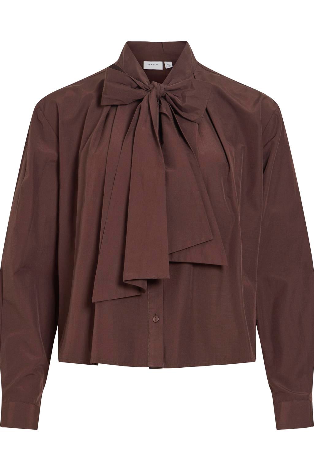 Donkerblauwe dames VILA blouse van polyester met effen, lange mouwen, strikkraag, knoopsluiting en plooien