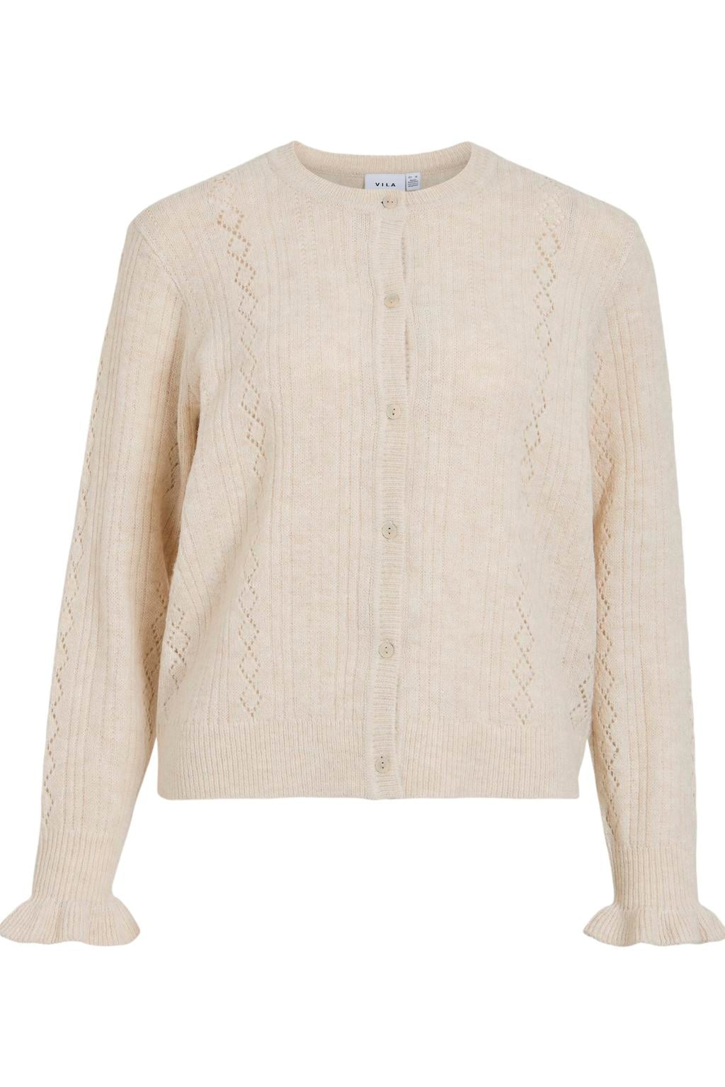 Ecru dames VILA gemêleerd gebreid vest met melée print, lange mouwen, ronde hals en knoopsluiting