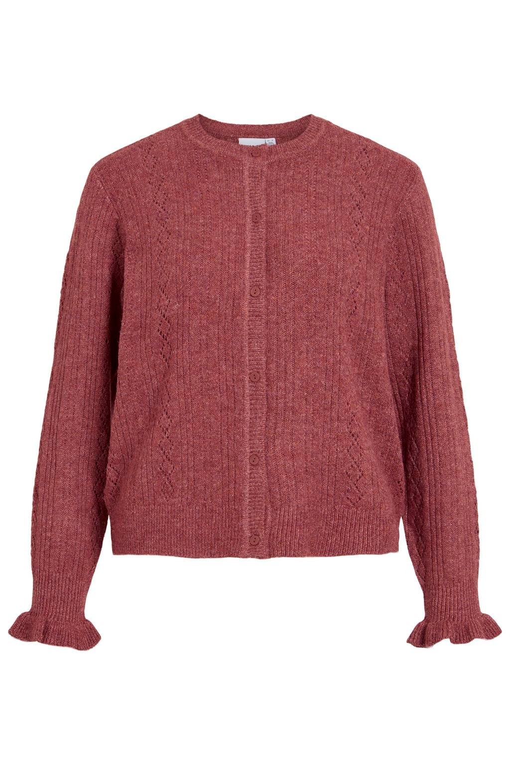 Roodbruine dames VILA gebreid gemêleerd vest bruin met melée print, lange mouwen, ronde hals en knoopsluiting