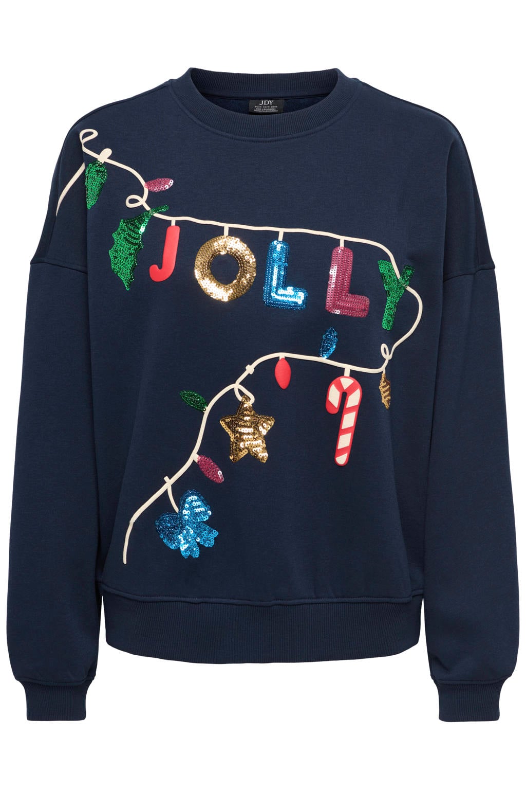 JDY kersttrui met pailletten en print - donkerblauw