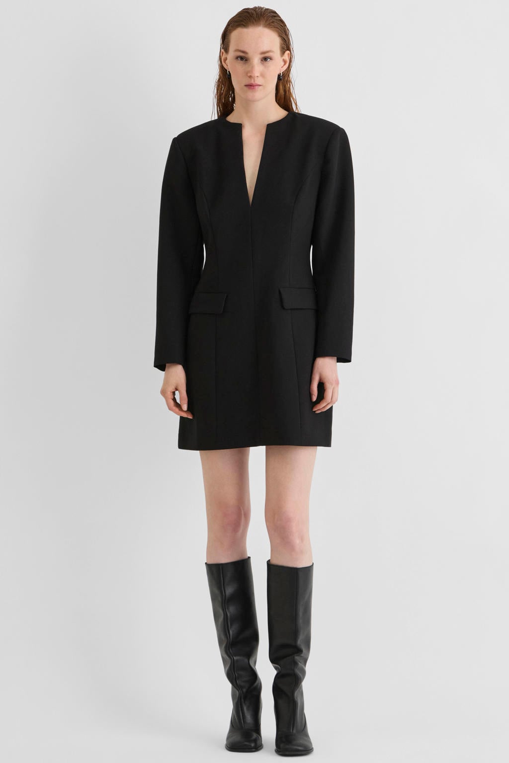 Zwarte dames ROUGE EDIT van polyester met effen, lange mouwen, V-hals, ritssluiting en split