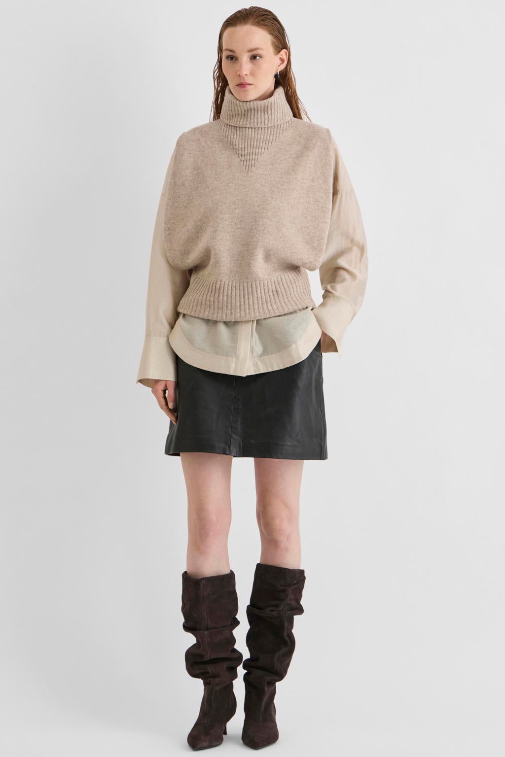 Beige dames ROUGE EDIT wollen gemêleerde gebreide trui met melée print