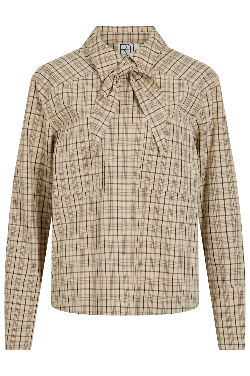 Beige dames ROUGE EDIT geruite blouse van katoen met lange mouwen, klassieke kraag en knoopsluiting