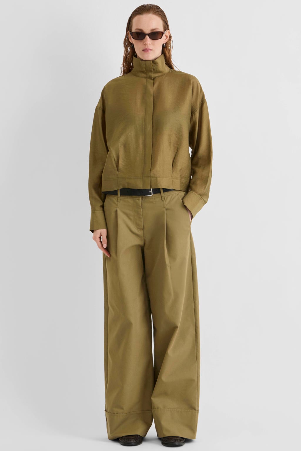 Olijfgroene dames ROUGE EDIT regular fit blouse van lyocell met effen, lange mouwen, opstaande kraag en geweven detail