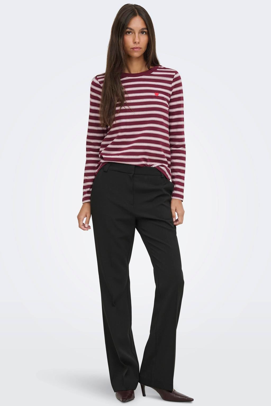 JDY gestreepte top met borduursels - donkerrood/roze