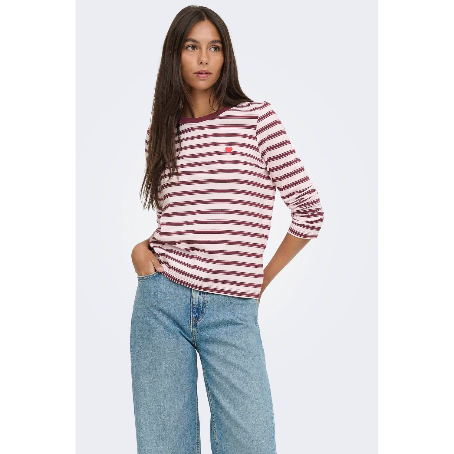 JDY gestreepte top met borduursels donkerrood roze