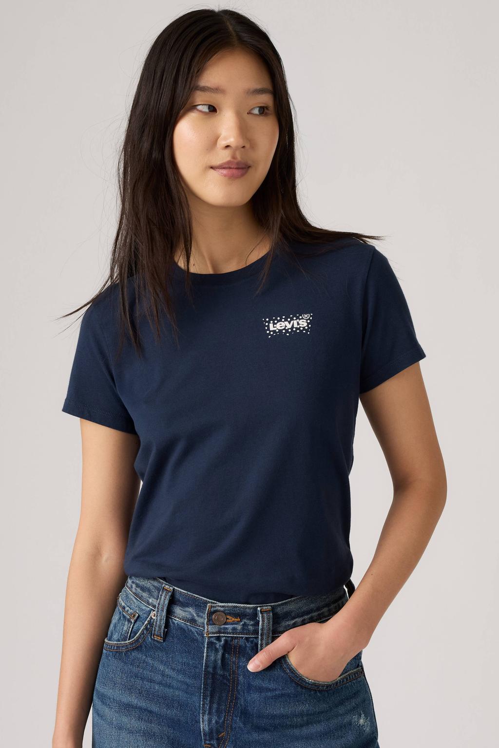 Marineblauw dames Levi's rechtvallend T-shirt blauw van katoen met logo dessin, korte mouwen en ronde hals