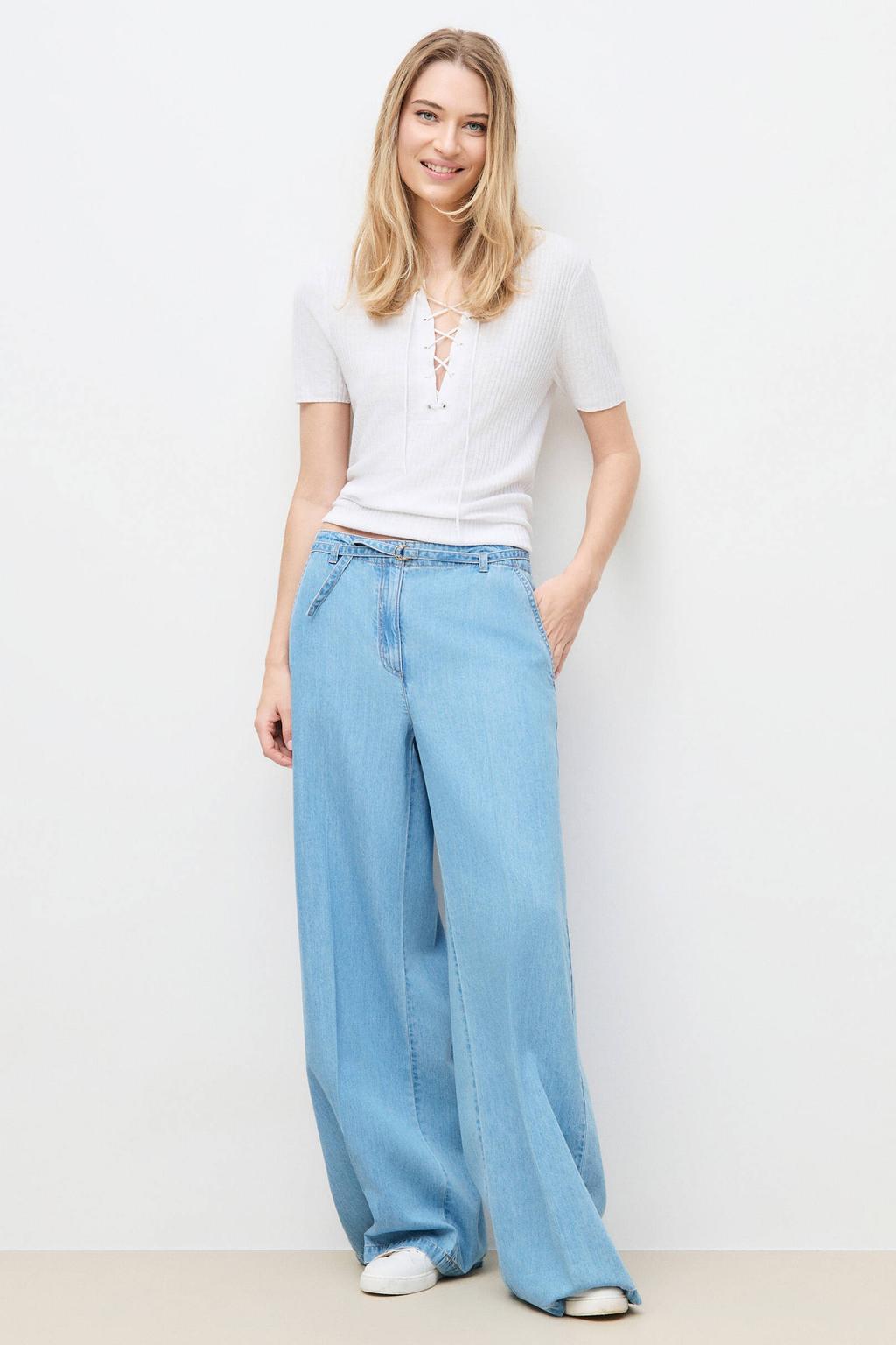 Light blue denim dames Caroll wide leg jeans van denim met rits- en knoopsluiting en effen