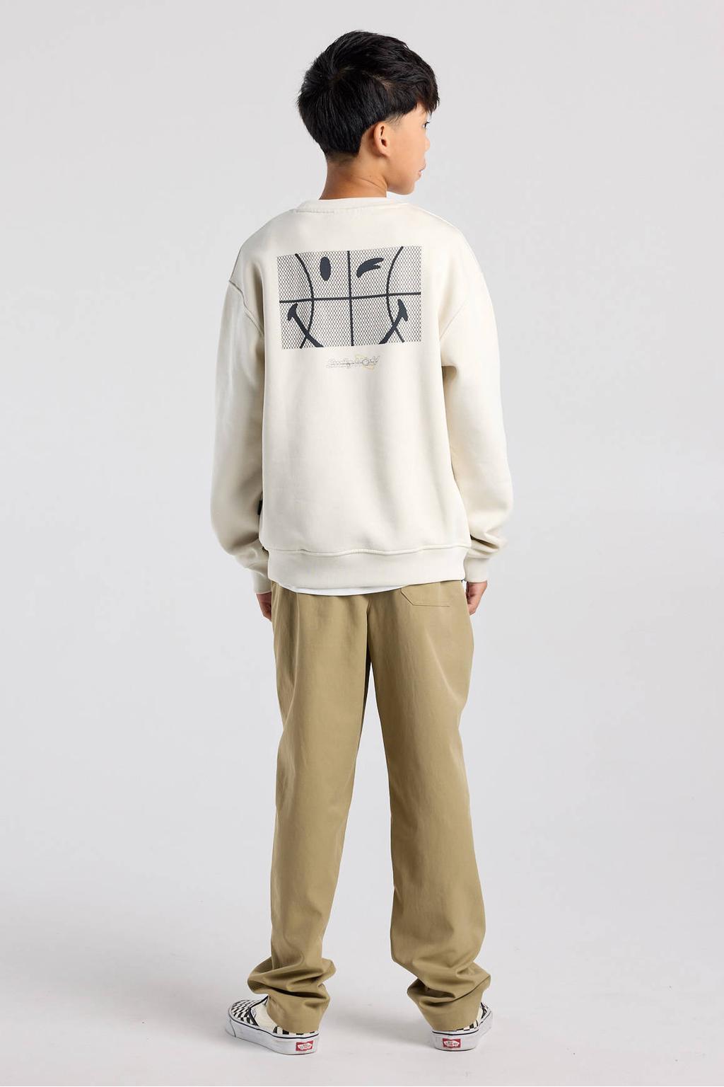 Ecru jongens America Today sweater met backprint, lange mouwen en ronde hals