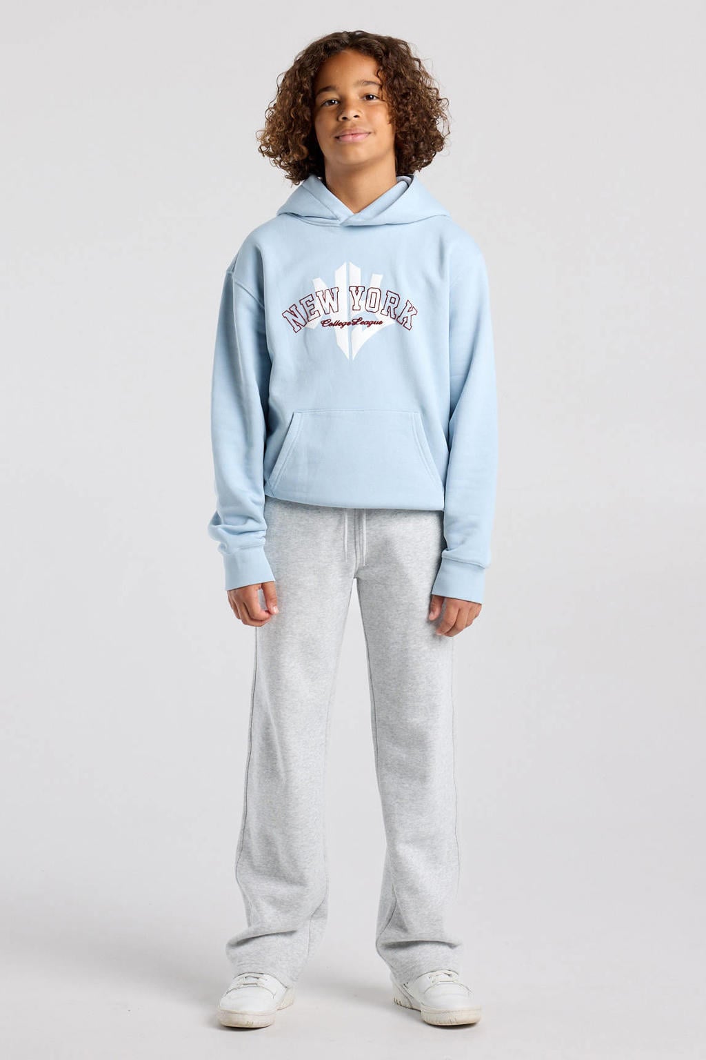 Lichtblauwe jongens America Today hoodie van sweat materiaal met tekst print, lange mouwen en capuchon
