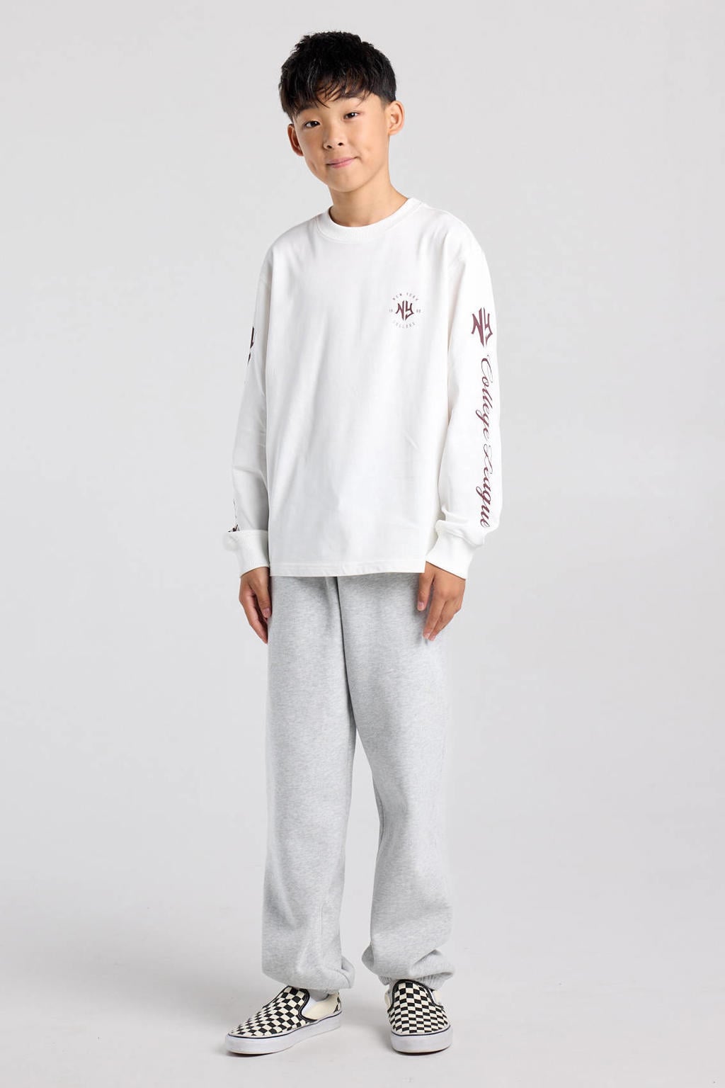 Wit en donkerrode jongens America Today longsleeve van katoen met backprint, lange mouwen en ronde hals