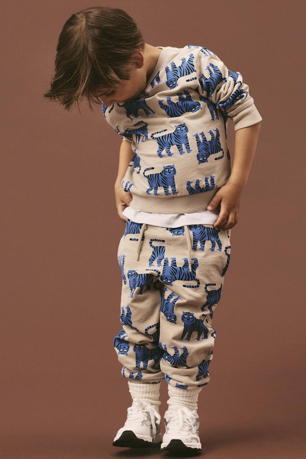 Beige en blauwe jongens NAME IT MINI sweater met lange mouwen, ronde hals en geribde boorden