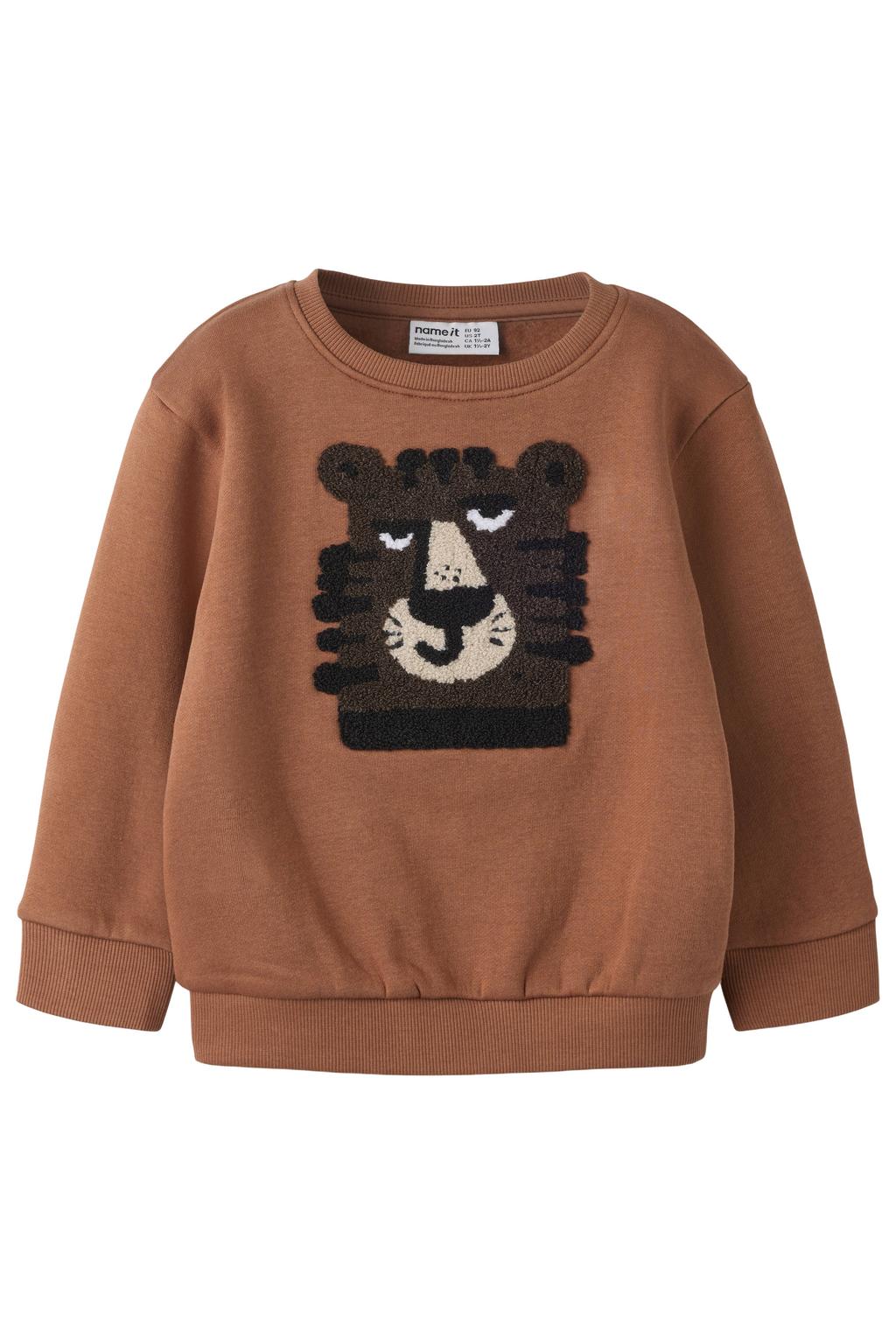 Donker oranje jongens NAME IT MINI sweater donkeroranje met printopdruk, lange mouwen, ronde hals en 3D applicatie
