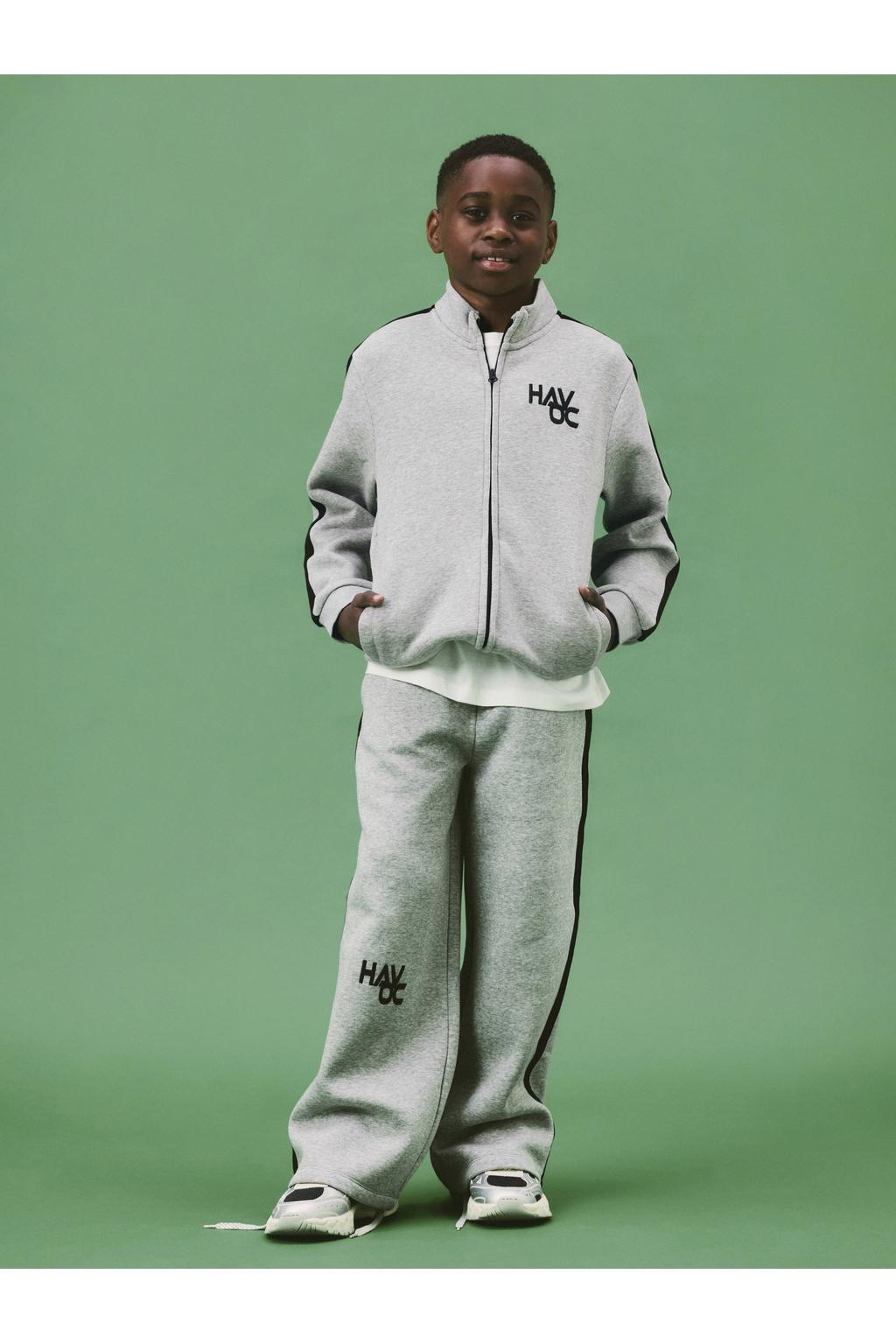 Grijs melange jongens NAME IT KIDS sweatvest met effen, lange mouwen, opstaande kraag, ritssluiting en contrast bies
