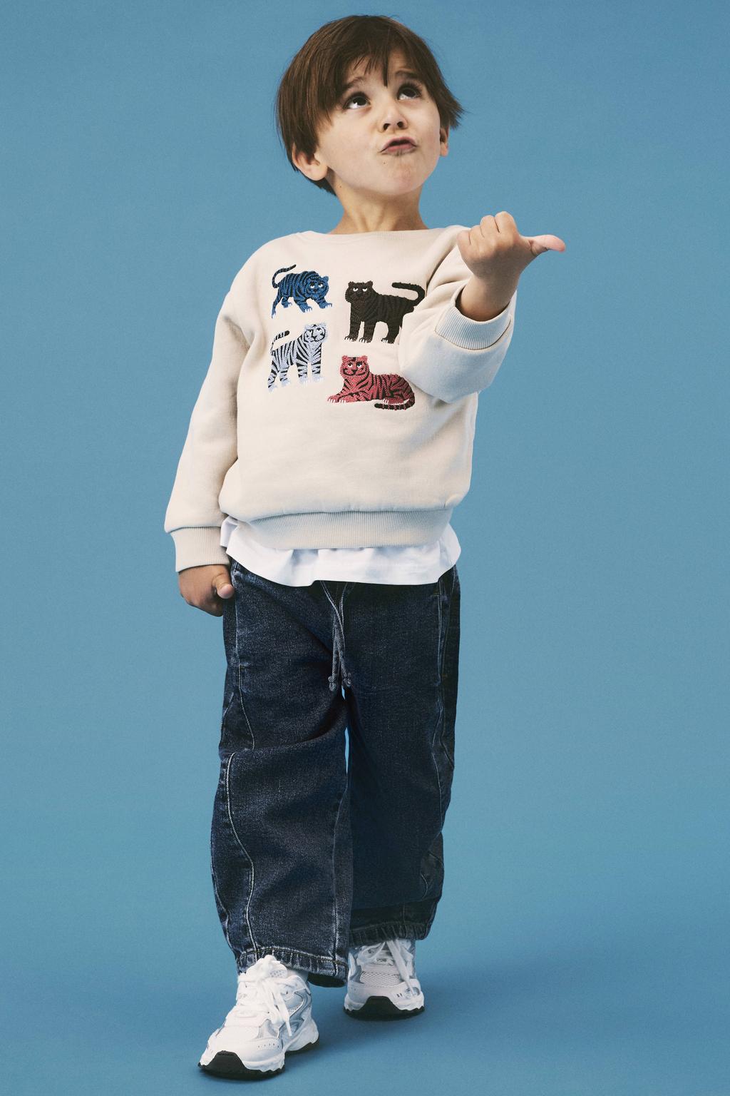 Ecru jongens NAME IT MINI sweater met printopdruk, lange mouwen, ronde hals en geribde boorden