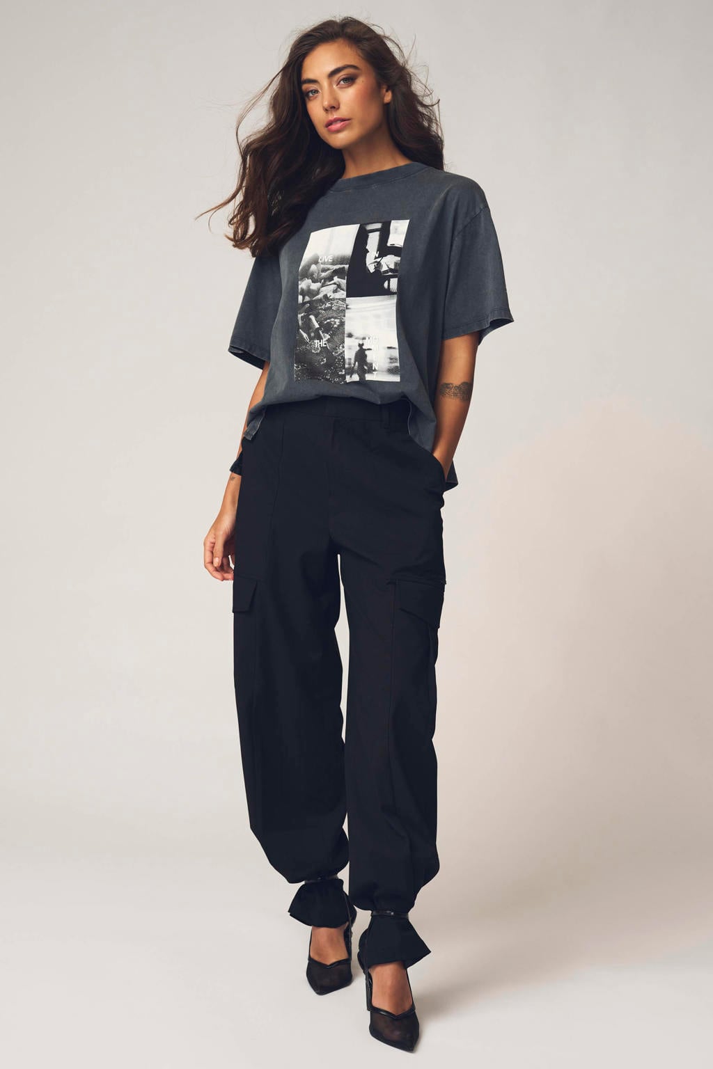 Grijze dames Gossia T-shirt van katoen met printopdruk, korte mouwen en ronde hals
