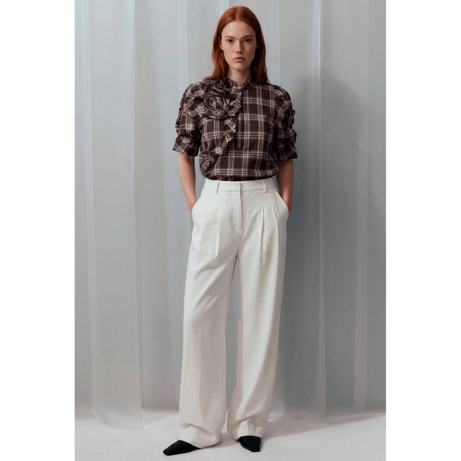 Gossia geruite blouse met ruches bruin