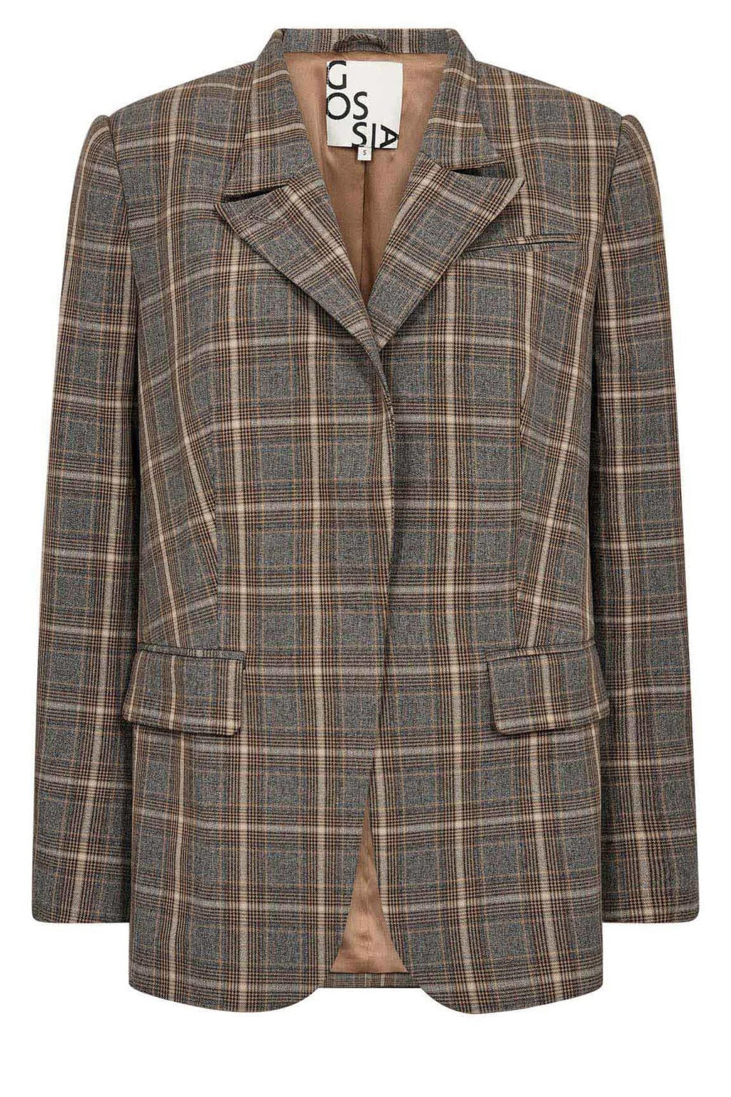 Bruine dames Gossia regular fit geruite blazer van polyester met meerkleurige print, lange mouwen, reverskraag en overslag detail