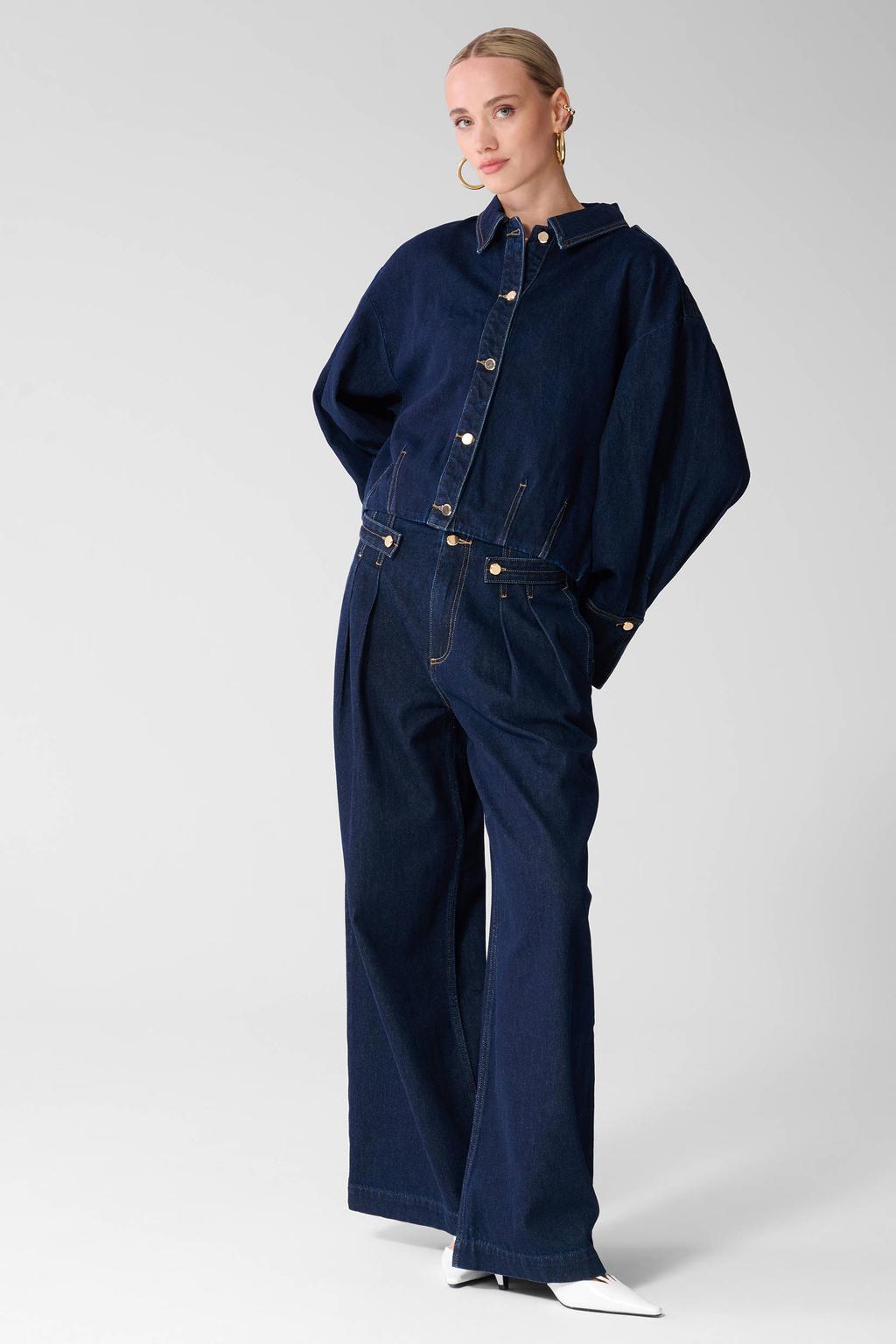 Dark blue denim dames Shoeby wide leg jeans van denim met rits- en knoopsluiting en effen